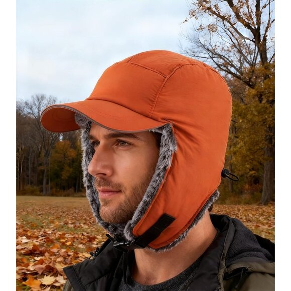 Men Caramel Brown Winter Trapper Hat Faux Fur Earflaps with Reflective Brim - Picture 7 of 7